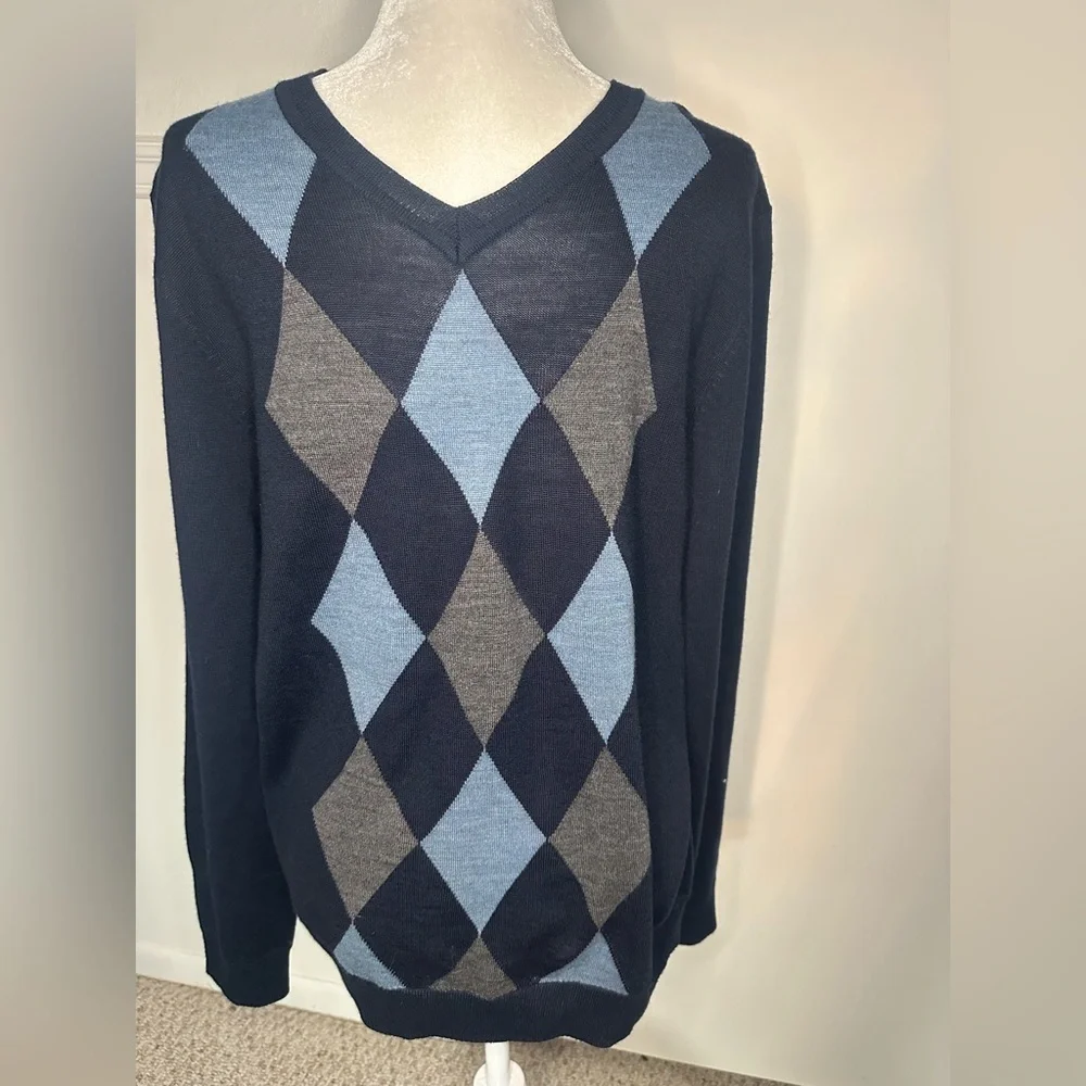 Alan Flusser Sweater Men's Size M Argyle Navy V neck merino wool blend size M